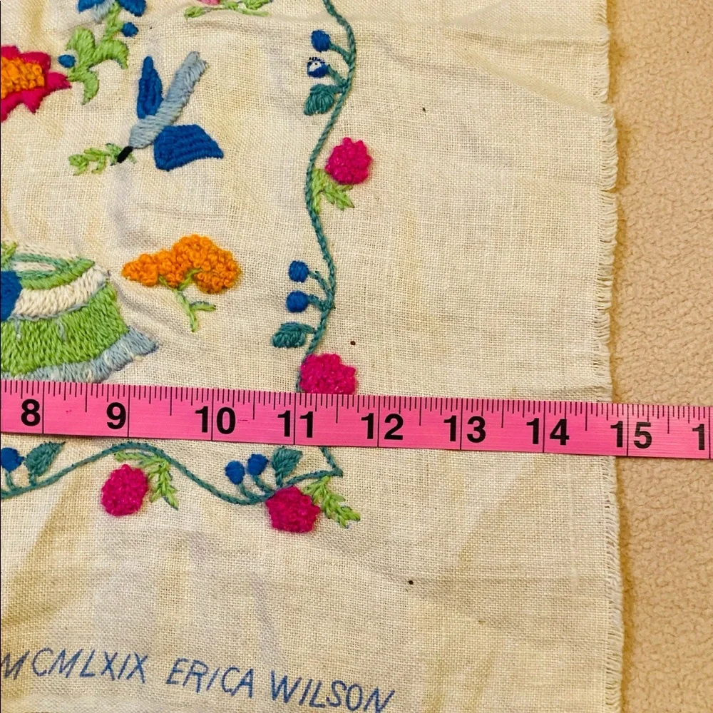Beautiful small sampler of newborn child, knitted in colorful needlework linen